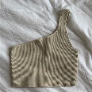 Babaton Knit Sculpt One-Shoulder Ribbed Crop Top - Neutral Tan